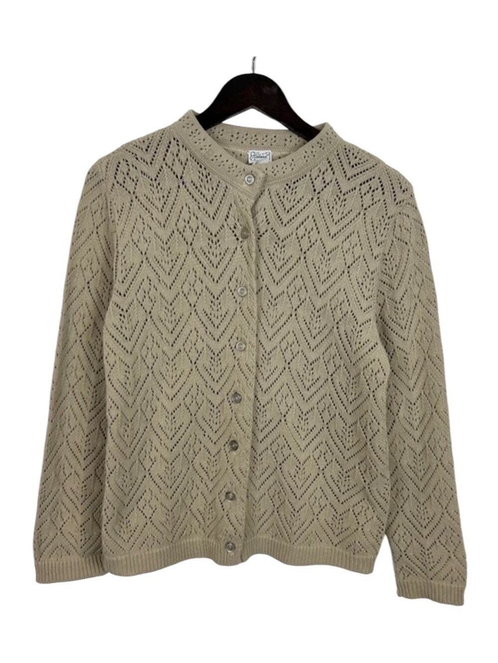 Haband Openwork Crewneck Button-Front Cardigan Beige Size Medium Made in USA